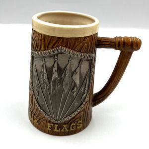 Vintage Six Flags Faux Wood Ceramic 3D Textured Stein Silver Tone Japan Made